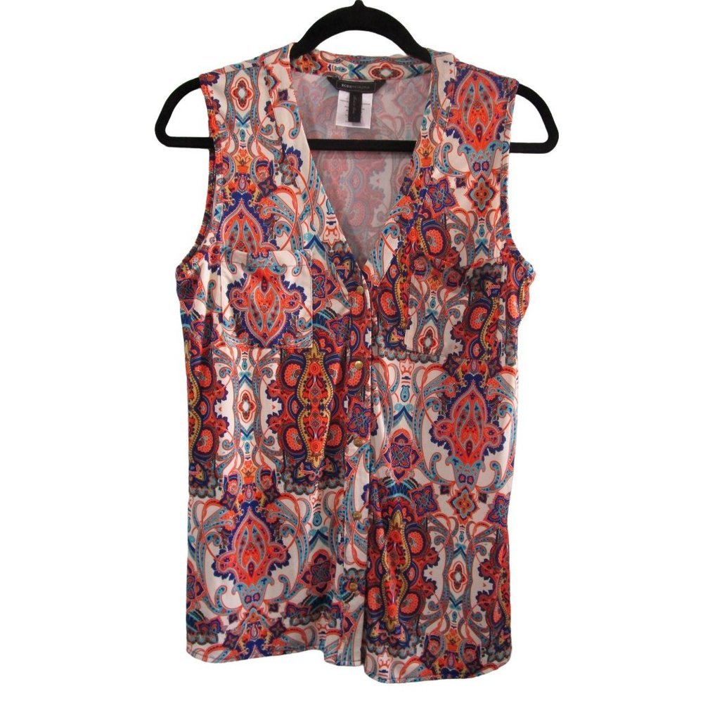 BCBG Max Azria Blue Orange Abstract Paisley Sleeveless Shell Top Ladies Large GU